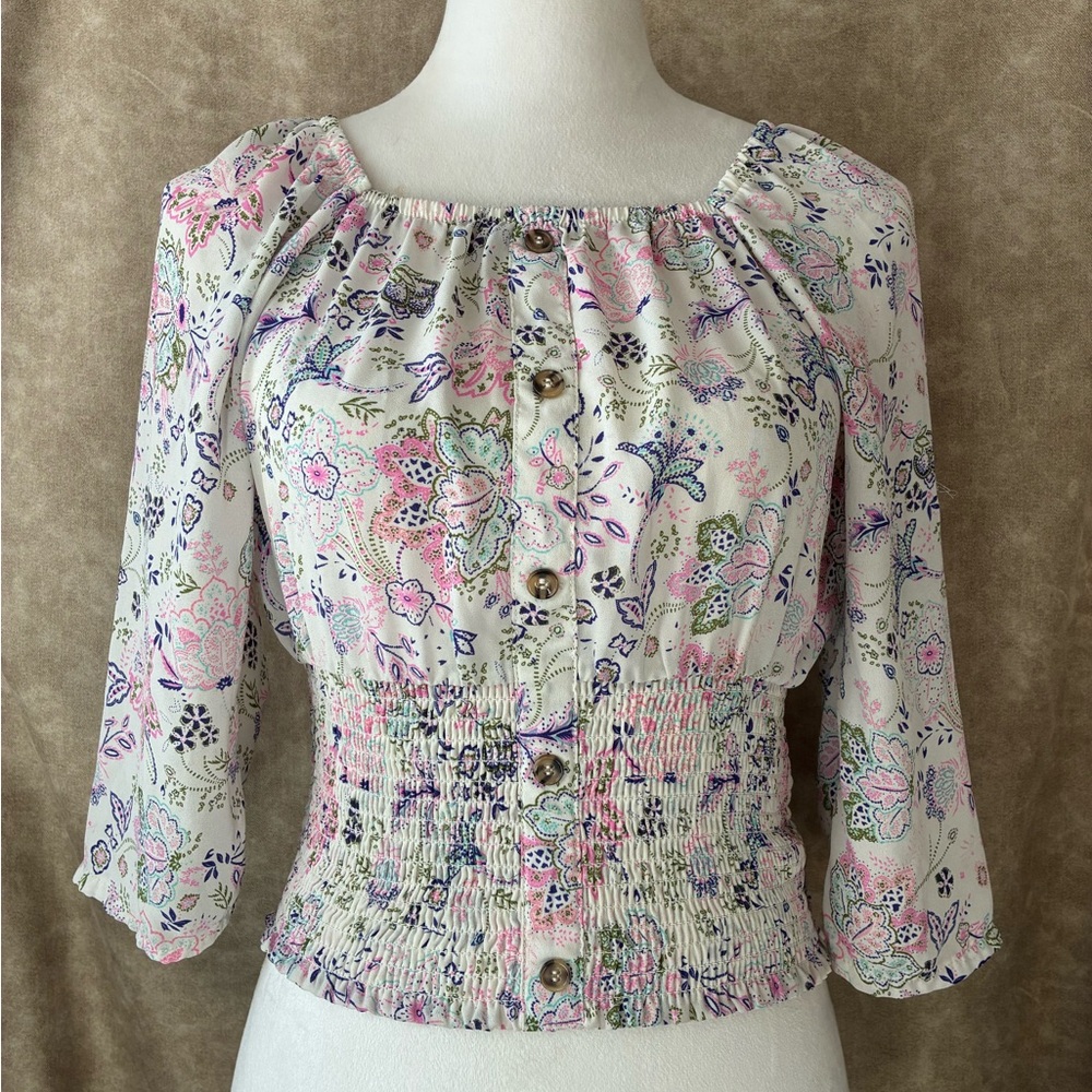 Floral Smocked Peasant Top Cottagecore Boho Blouse Reformation Style Small